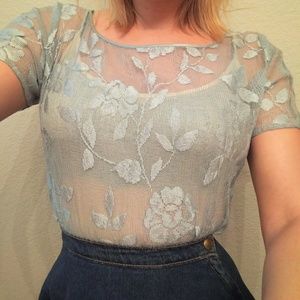 VTG Mint Blue Flower Lace Top